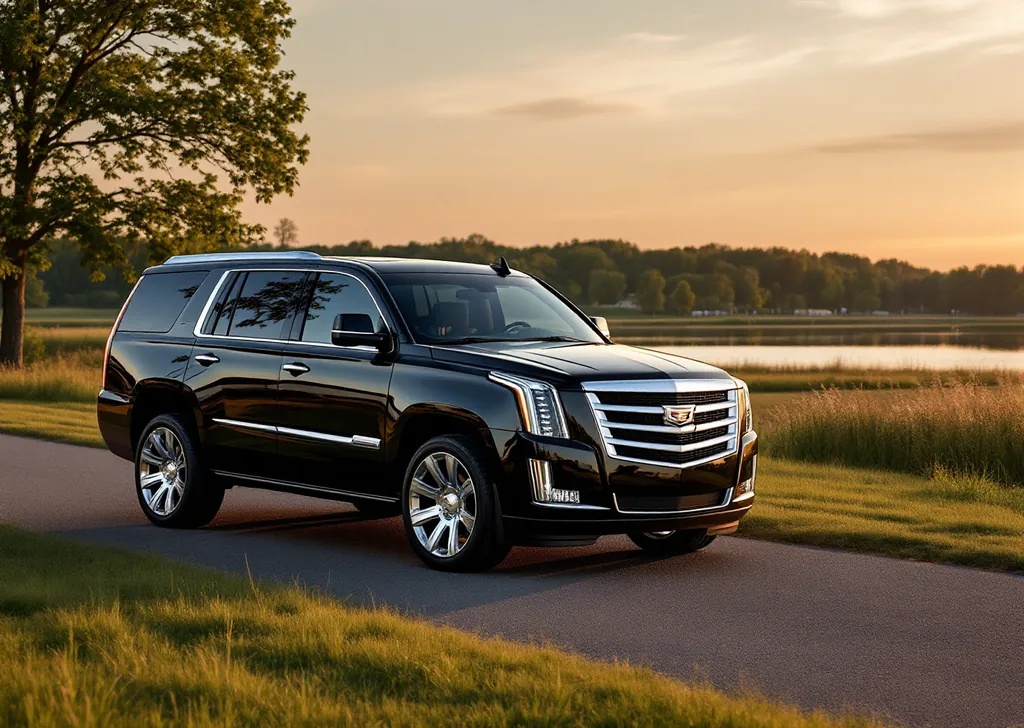 AI illustration of a black Cadillac Escalade by the Lake Ontario waterfront in Ajax at sunrise