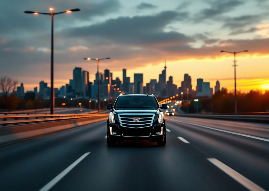AI illustration of a black Cadillac Escalade on a wide highway heading toward Toronto at dawn