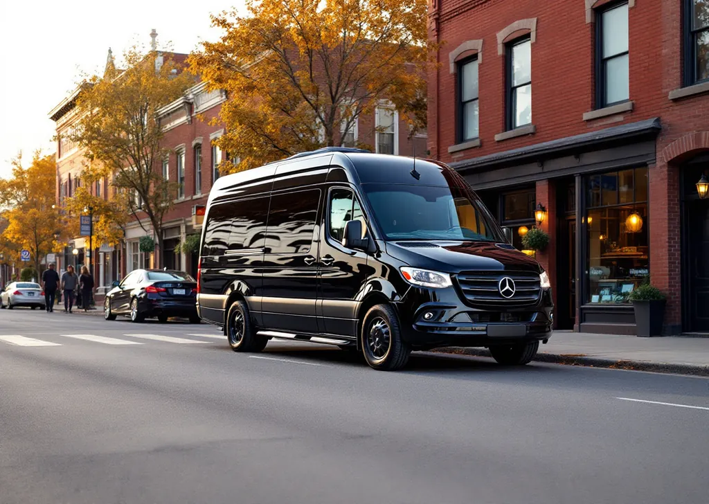 AI illustration of a black Mercedes-Benz Sprinter on a heritage main street in Aurora in autumn