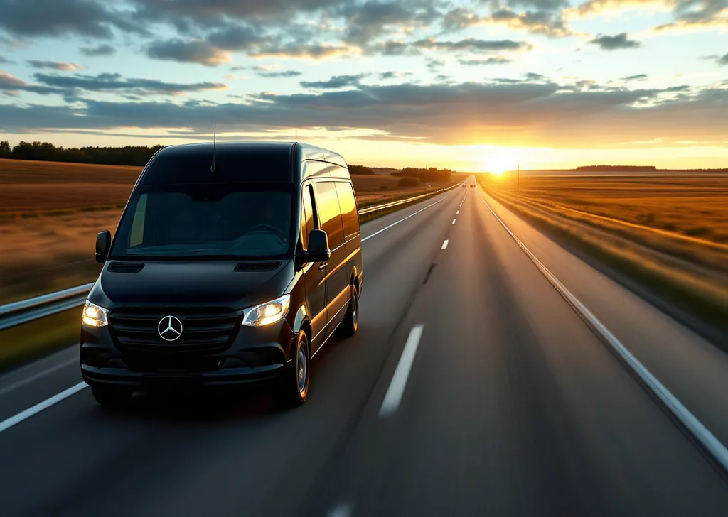 AI illustration of a black Mercedes-Benz Sprinter on an Ontario highway at sunrise