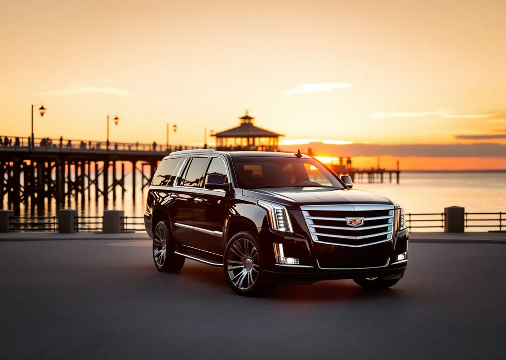 AI illustration of a black Cadillac Escalade by the lakefront pier in Burlington at sunset