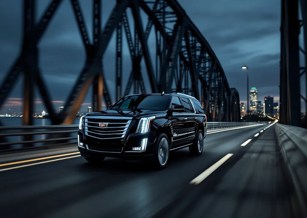 AI illustration of a black Cadillac Escalade crossing a steel bridge near Burlington at dusk