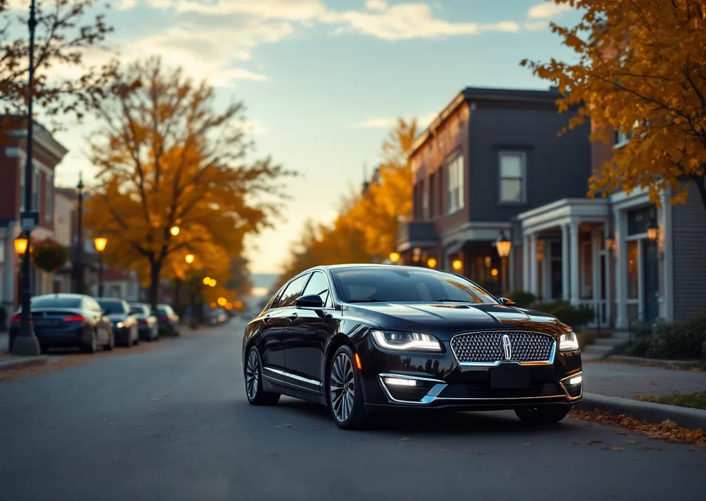 AI illustration of a black Lincoln MKZ sedan on the heritage main street of Unionville in Markham