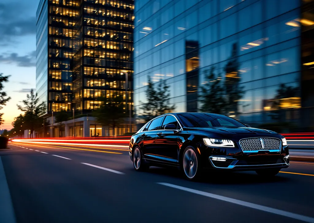AI illustration of a black Lincoln MKZ sedan passing glass office towers in Markham at dusk