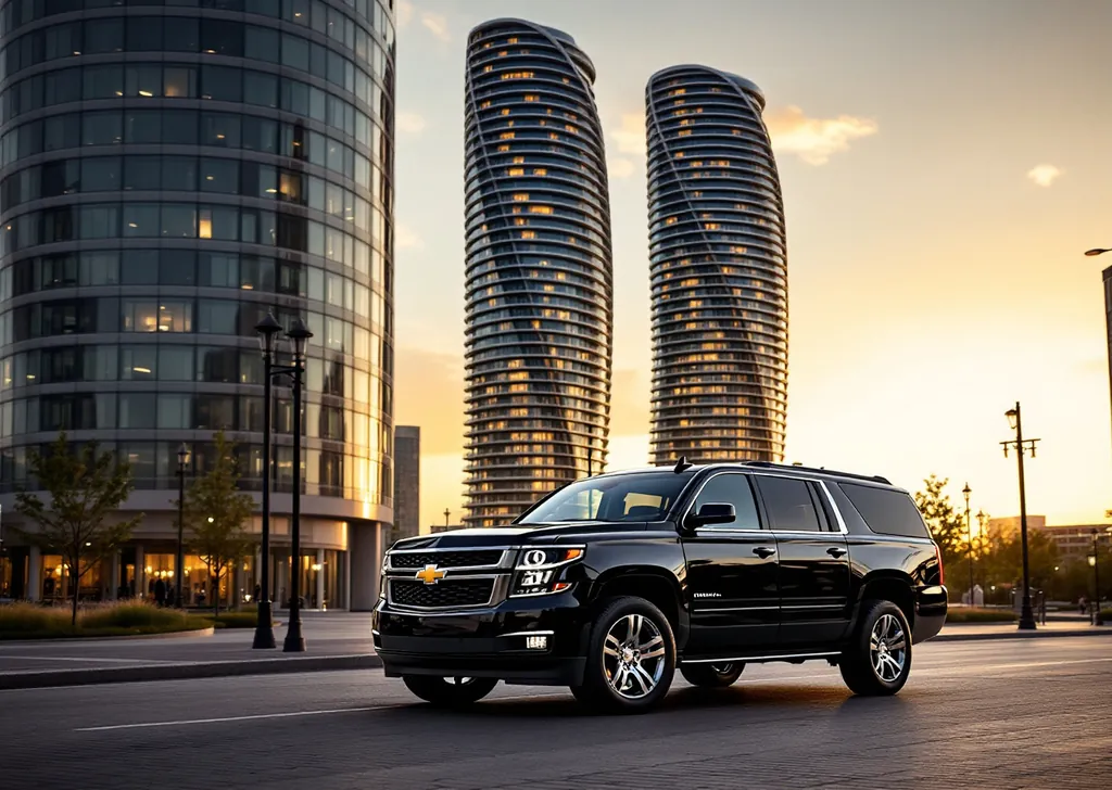 AI illustration of a black Chevrolet Suburban below the twisting Absolute World towers in Mississauga