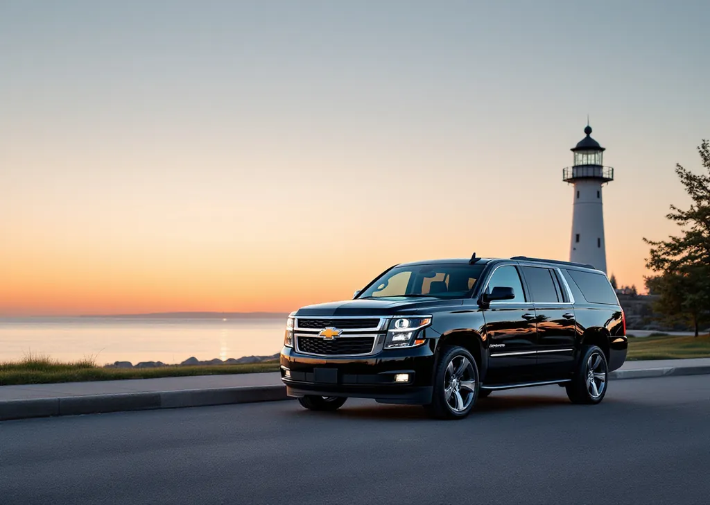 AI illustration of a black Chevrolet Suburban near the lighthouse in Port Credit at sunrise