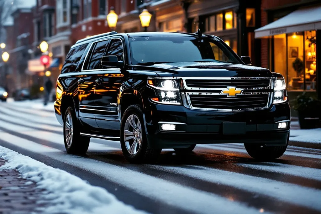 AI illustration of a black Chevrolet Suburban on a snowy heritage main street in Newmarket
