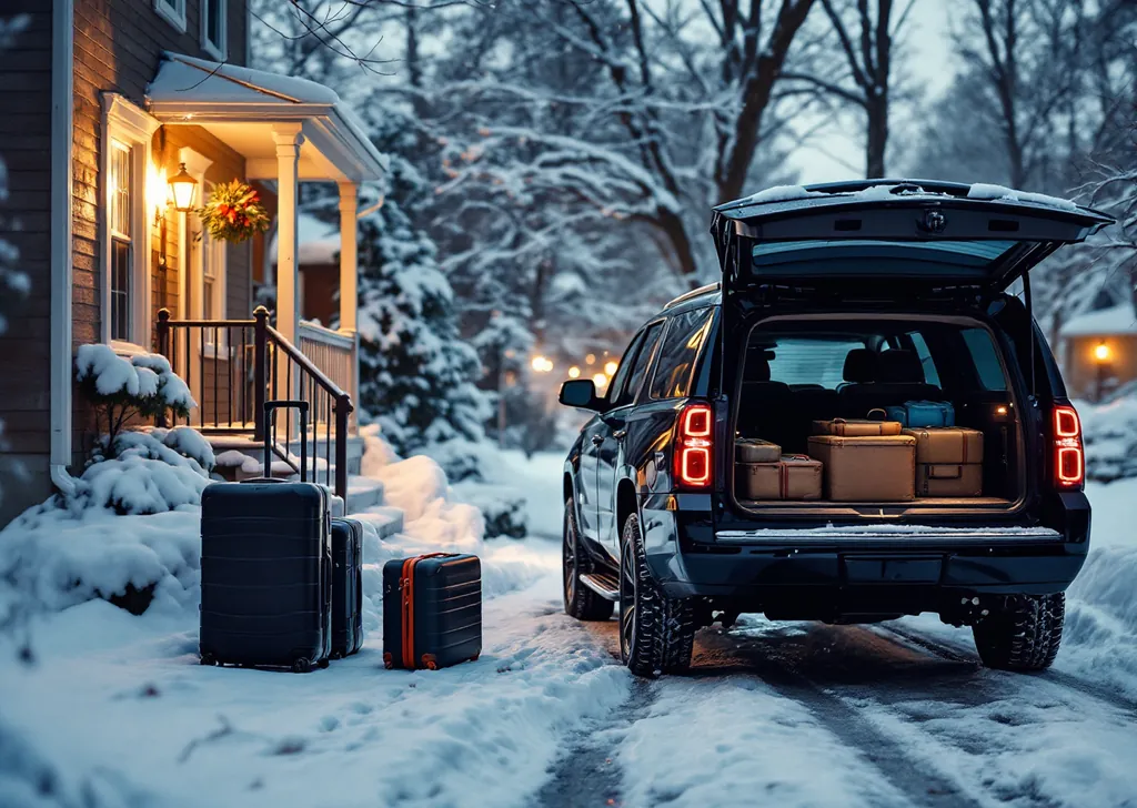 AI illustration of a black Chevrolet Suburban with suitcases in a snowy driveway before dawn