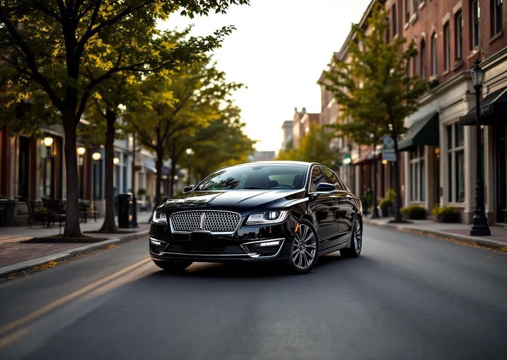 AI illustration of a black Lincoln MKZ sedan on a tree-lined heritage street in downtown Oakville