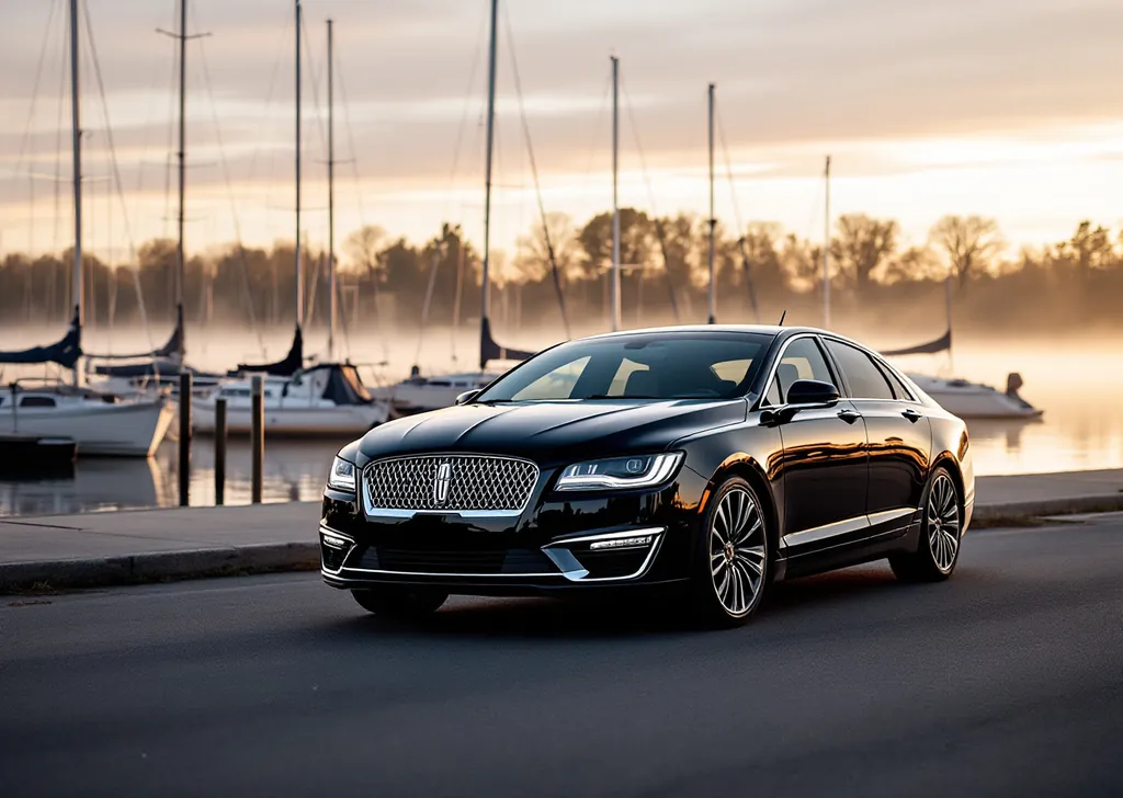 AI illustration of a black Lincoln MKZ sedan beside sailboats in Oakville harbour at sunrise