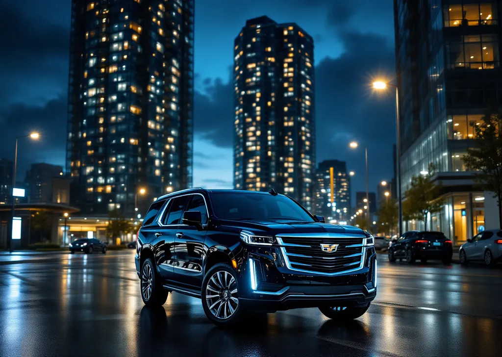AI illustration of a black Cadillac Escalade in front of new glass towers in Vaughan at dusk