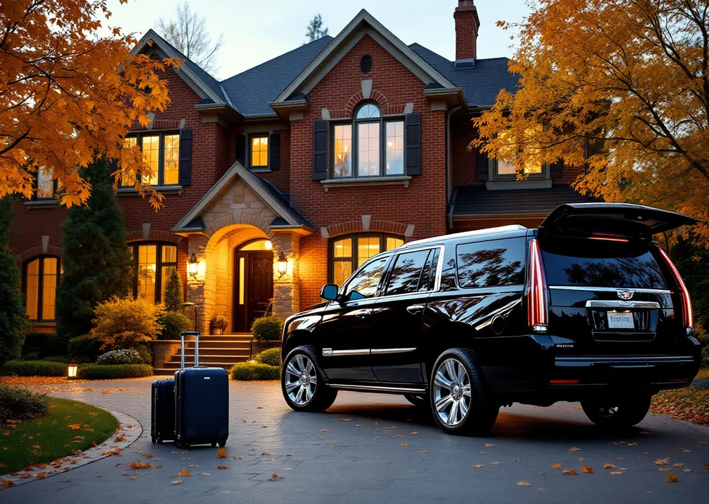 AI illustration of a black Cadillac Escalade with suitcases outside a brick house in Woodbridge