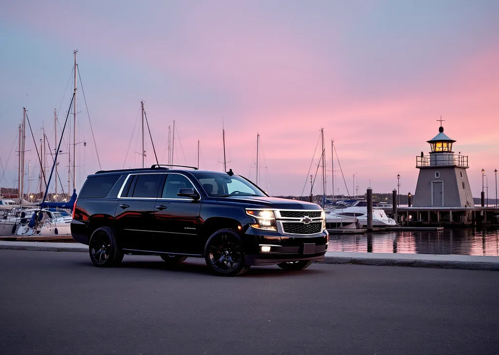 AI illustration of a black Chevrolet Suburban at the Port Whitby marina at dusk