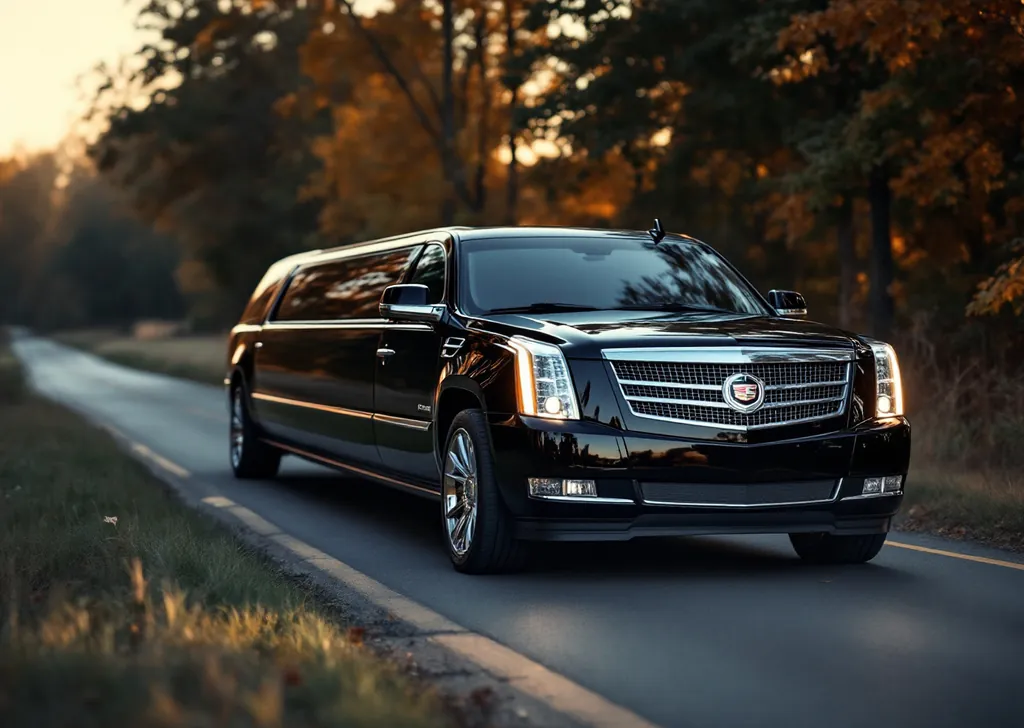 AI illustration of a black Escalade stretch limousine on a country road near Brooklin in autumn
