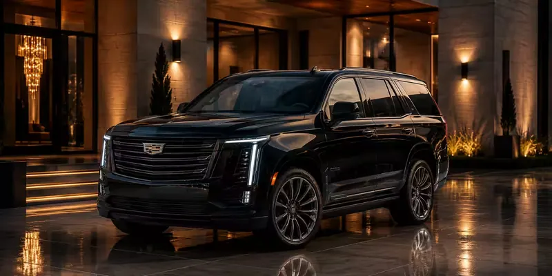 Black Cadillac Escalade SUV at a lit entrance at night