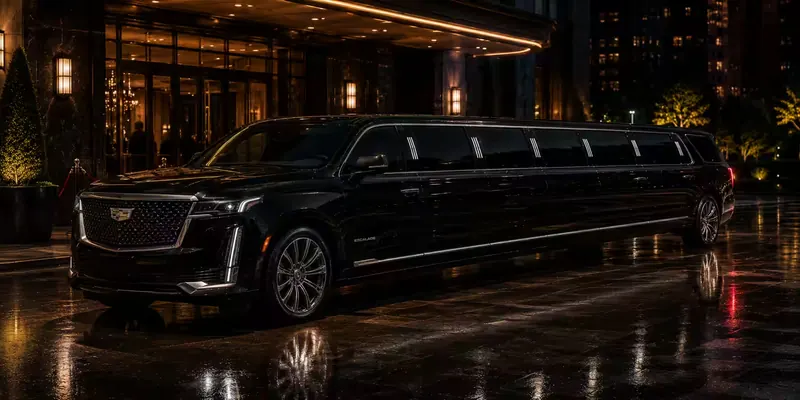 Black Escalade stretch SUV limousine parked at a lit hotel entrance at night