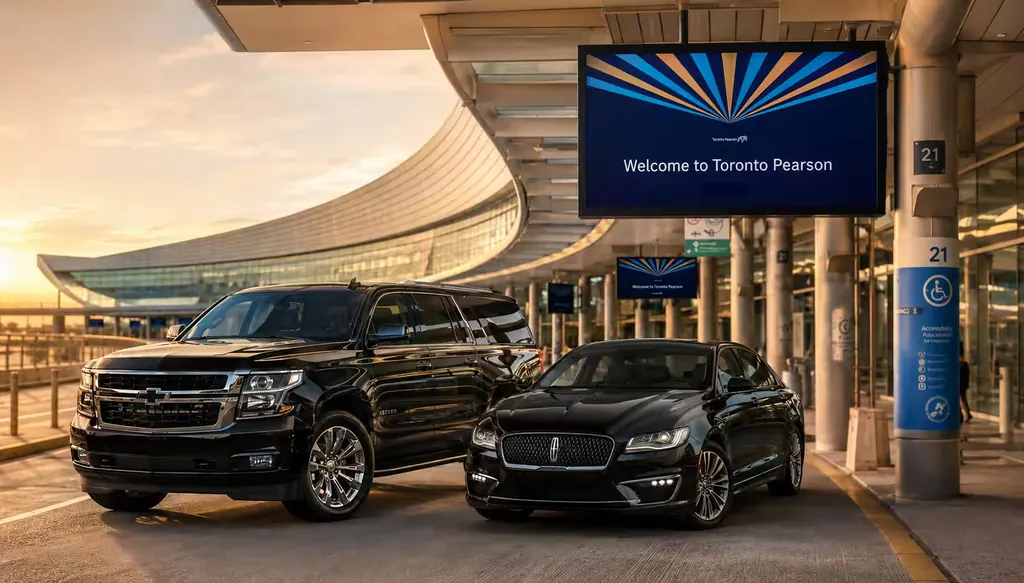 Black Chevrolet Suburban and Lincoln sedan waiting at a Toronto Pearson terminal curb at dusk