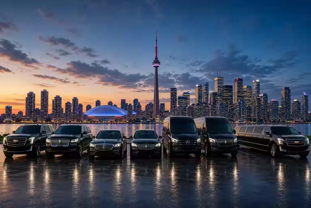 The whole black fleet lined up at night in front of the Toronto skyline and CN Tower